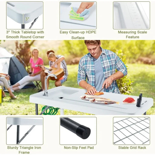 Portable Fish Cleaning Station Table with Sink Faucet & Sprayer - Outdoor Camping and Picnic Fillet Table