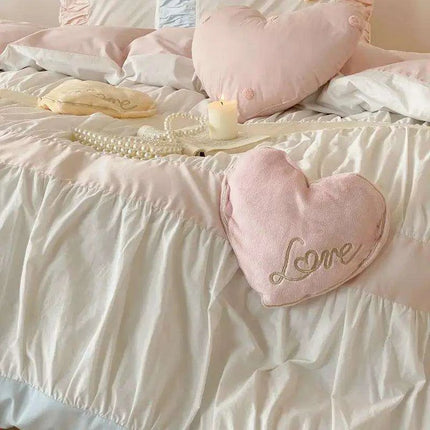 Adorable Heart-Shaped Washed Cotton Bedding Set - 4/5 Piece Duvet Cover, Sheet & Pillowcases for Girls
