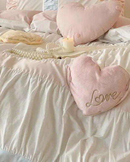 Adorable Heart-Shaped Washed Cotton Bedding Set - 4/5 Piece Duvet Cover, Sheet & Pillowcases for Girls