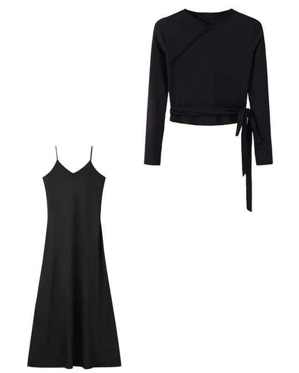 Autumn Women's Long Sleeve Dress Ensemble with Bow-Tie Top and Milk Silk Knit Suspenders