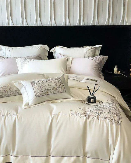 Luxury 1000TC Egyptian Cotton Bedding Set with Leaf Embroidery