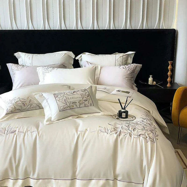Luxury 1000TC Egyptian Cotton Bedding Set with Leaf Embroidery