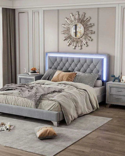 Luxurious LED-Illuminated Queen Bedroom Set with Crystal-Tufted Headboard and Nightstands - Modern Sophistication