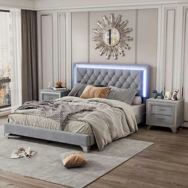 Luxurious LED-Illuminated Queen Bedroom Set with Crystal-Tufted Headboard and Nightstands - Modern Sophistication