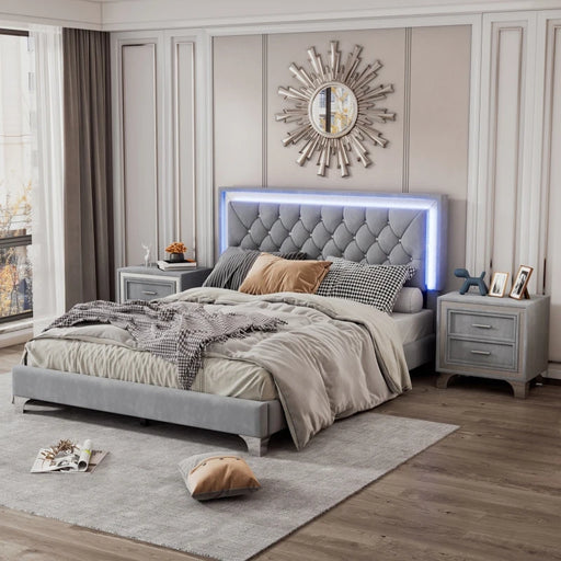Queen Upholstered Bed Set with LED Lights and Two Nightstands - Modern Bedroom Furniture