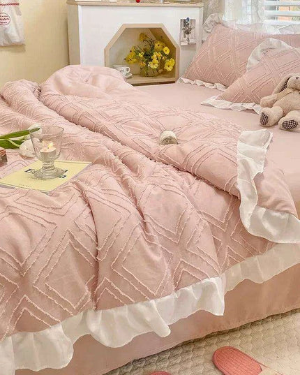 Korean Lace Premium Washed Cotton Summer Quilt Set – Four-Piece Elegance