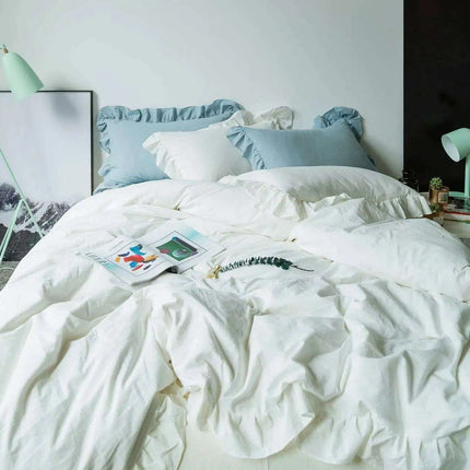 Romantic Vintage White Ruffled King Duvet Cover Set - 100% Cotton Lace Bedding 4pcs