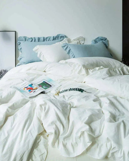 Romantic Vintage White Ruffled King Duvet Cover Set - 100% Cotton Lace Bedding 4pcs