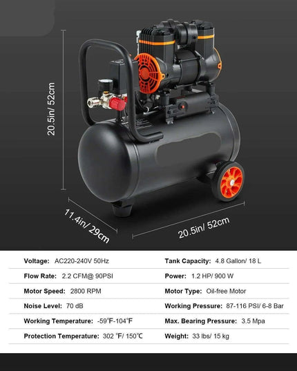 Whisper-Quiet Oil-Free Air Compressor Kit for Home and Automotive Use - Compact 9L, 18L, 24L, 35L Inflator