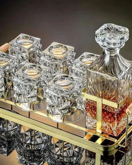 Artisan Crystal Wine and Whiskey Glass Set with Stylish Display Rack