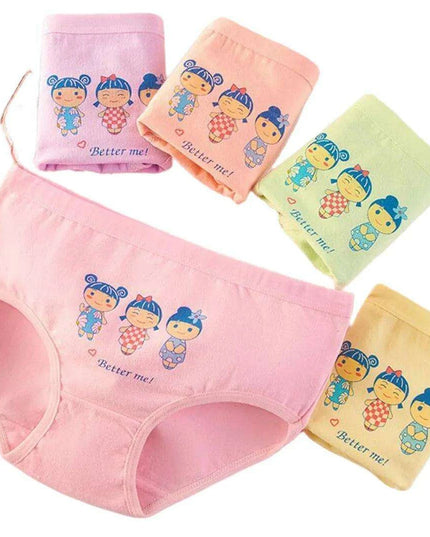 4 pcs Girls' Cotton Briefs Collection - Soft, Breathable & Playful Patterns for Kids