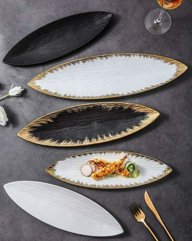 Sophisticated Japanese Ceramic Leaf Plate with Textured Finish and Gold Trim - Perfect for Elegant Dining