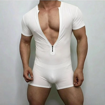 OG Waves Men's Deep V Zipper Bodysuit - Breathable Elastic Gym Romper