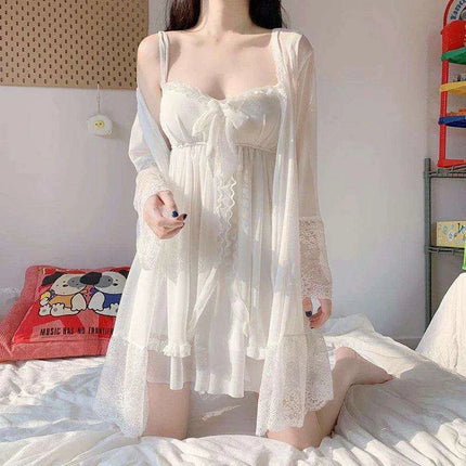 Sophisticated White Women's Lace Bow Sleepwear Collection - Chic Mesh Gown and Robe Set
