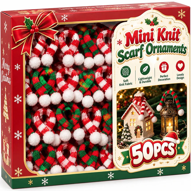 Mini Striped Knitted Christmas Scarves with Pom-Pom Ends, 15 cm