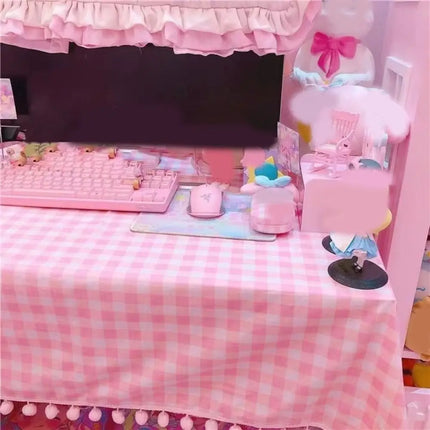 KECTTIO Kawaii Hot Pink Rectangular Cotton Tablecloth - Plaid Design,