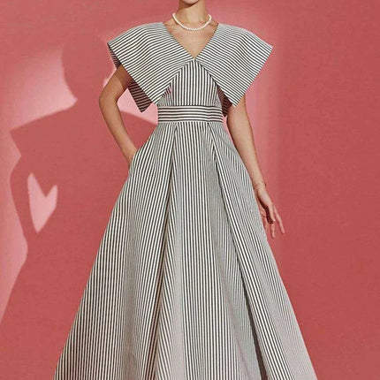 Striped High-Waisted Evening Dress with Oversized Collar for Women – 2024 Summer Collection 35Z657