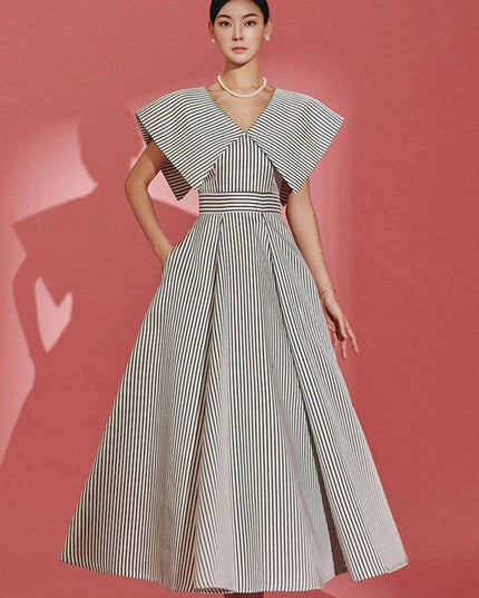 Striped High-Waisted Evening Dress with Oversized Collar for Women – 2024 Summer Collection 35Z657