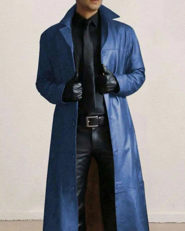 Men's Stylish Gothic Black Faux Leather Long Coat - Chic Winter Essential with Lapel Detailing