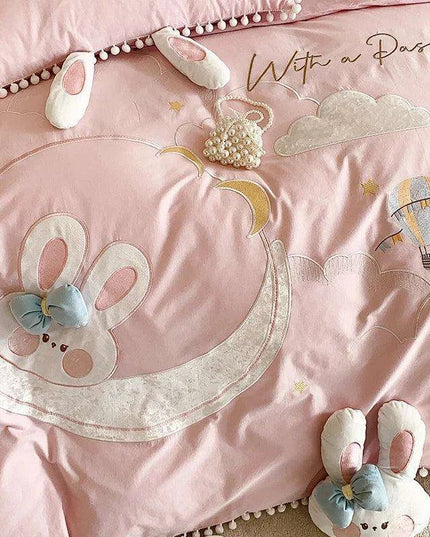 Charming Pink Cartoon Rabbit & Moon Embroidered 100% Cotton Girls Bedding Set with Whimsical Ball Edges - Duvet Cover, Sheet & Pillowcases