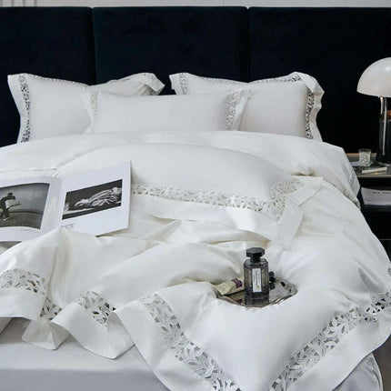 Exquisite 1200TC Egyptian Cotton Luxury Bedding Collection with Elegant Hollow Lace Trim, Duvet Cover, Flat & Fitted Sheets, and Pillowcases