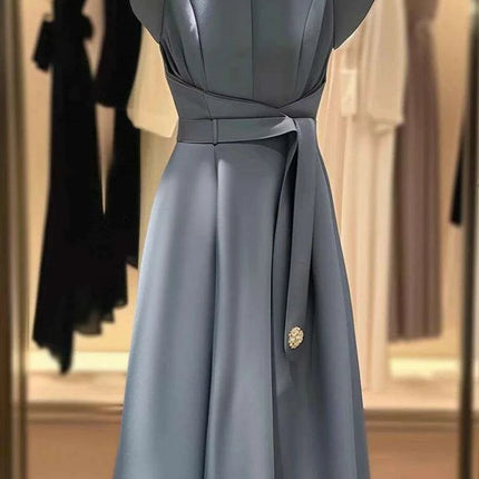 Chic A-Line Midi Dress with Lace Up Detail and Flying Sleeves for Women - Summer Office Wear F618