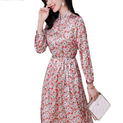 Elegant Floral A-line Silk Dress with Stand Neck for Women