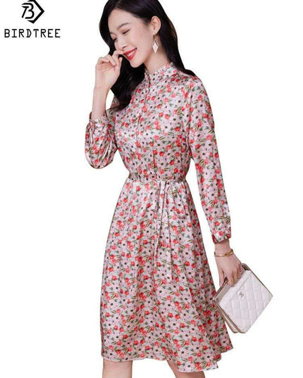 Elegant Floral A-line Silk Dress with Stand Neck for Women
