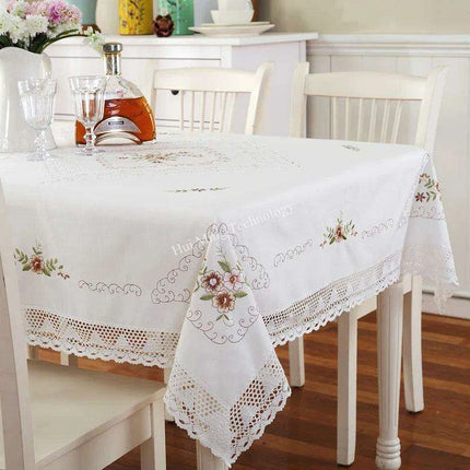 Elegant Floral Lace Trimmed White Cotton Tablecloth for Dining and Coffee Tables - European Pastoral Design