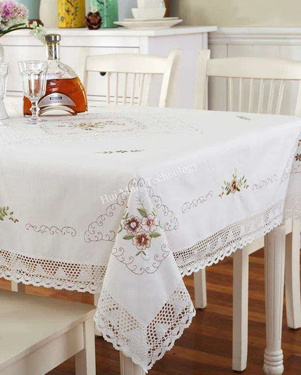 Elegant Floral Lace Trimmed White Cotton Tablecloth for Dining and Coffee Tables - European Pastoral Design