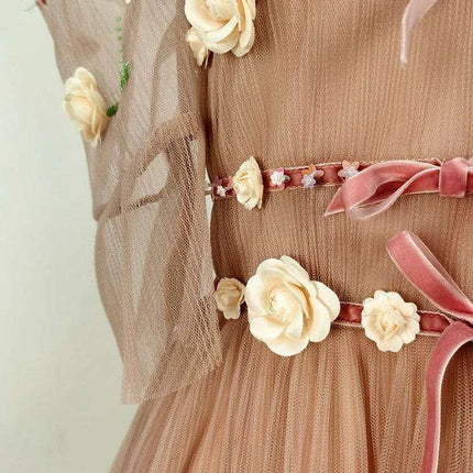 3D Floral Puff Sleeve Dress with Square Neck