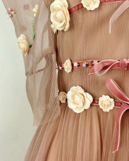 3D Floral Puff Sleeve Dress with Square Neck