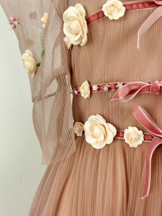 3D Floral Puff Sleeve Dress with Square Neck