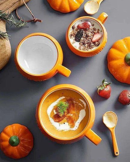 Adorable Kawaii Pumpkin Ceramic Mug Set - Perfect Halloween Drinkware for Soups and Beverages