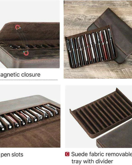 Elegant Genuine Leather Pen Organizer - Stylish Storage for Office and Travel