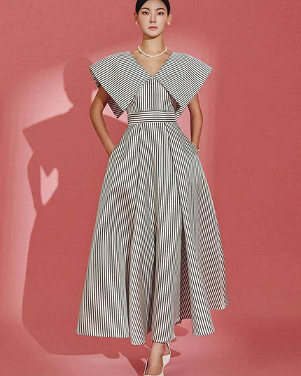Striped High-Waisted Evening Dress with Oversized Collar for Women – 2024 Summer Collection 35Z657