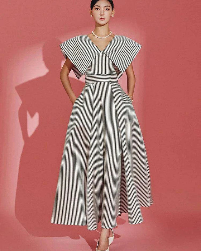 Striped High-Waisted Evening Dress with Oversized Collar for Women – 2024 Summer Collection 35Z657