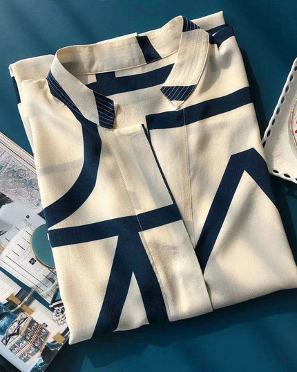 Chic Geometric Print Mulberry Silk Midi Shirt Dress