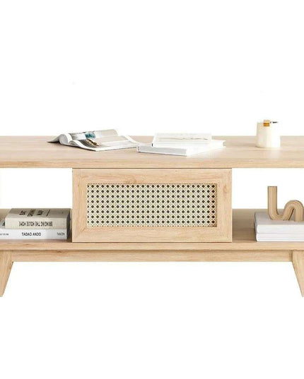 Stylish Rattan-Infused Wooden Coffee Table - Essential for Modern Living Spaces