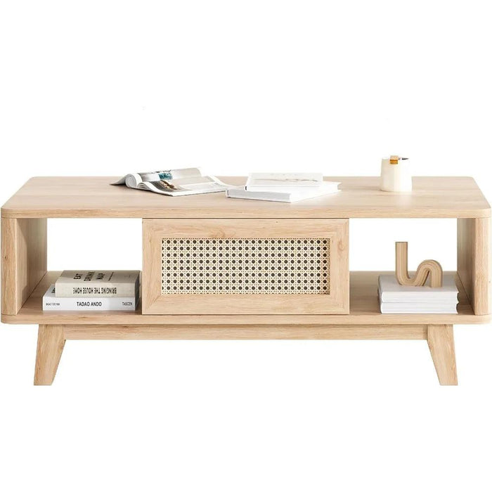 Stylish Rattan-Infused Wooden Coffee Table - Essential for Modern Living Spaces