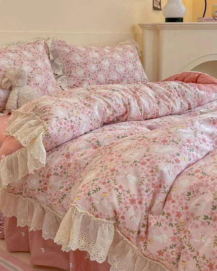 Korean Princess Floral Lace Ruffle Cotton Bedding Collection - Luxurious Single/Queen Duvet Cover, Sheet, and Pillowcase Set (3/4 Pieces)