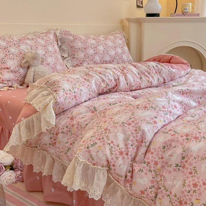 Korean Princess Floral Lace Ruffle Cotton Bedding Collection - Luxurious Single/Queen Duvet Cover, Sheet, and Pillowcase Set (3/4 Pieces)