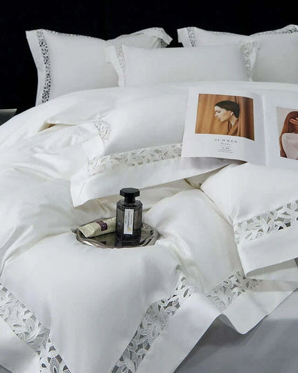 Exquisite 1200TC Egyptian Cotton Luxury Bedding Collection with Elegant Hollow Lace Trim, Duvet Cover, Flat & Fitted Sheets, and Pillowcases
