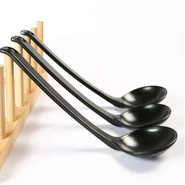 Sophisticated Black Melamine Serving Spoon with Elegant Japanese Porcelain Motif