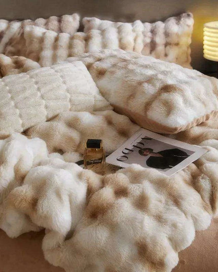 Luxurious Gradient Blue & Grey Faux Rabbit Fur Velvet Fleece Bedding Set with Sheets & Pillowcases