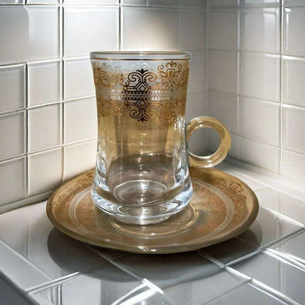 Elegant Bronzed Glass Turkish Coffee Set with Stylish Saucers