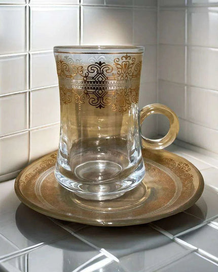 Elegant Bronzed Glass Turkish Coffee Set with Stylish Saucers