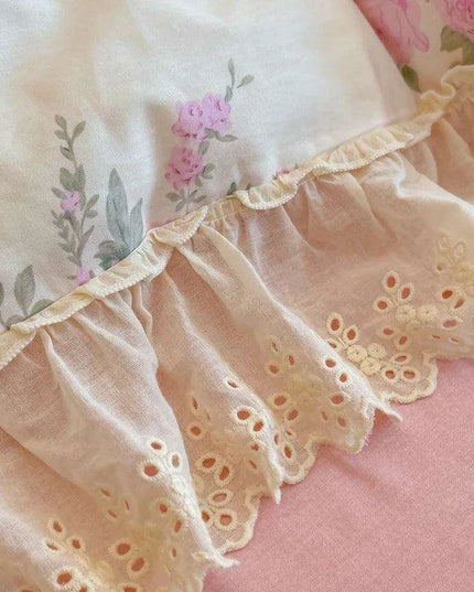Korean Princess Floral Lace Ruffle Cotton Bedding Collection - Luxurious Single/Queen Duvet Cover, Sheet, and Pillowcase Set (3/4 Pieces)