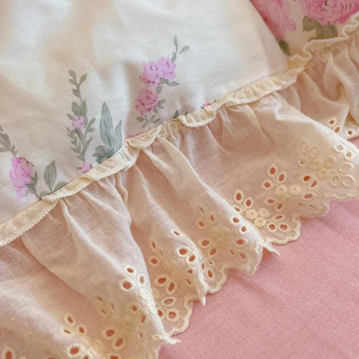 Korean Princess Floral Lace Ruffle Cotton Bedding Collection - Luxurious Single/Queen Duvet Cover, Sheet, and Pillowcase Set (3/4 Pieces)