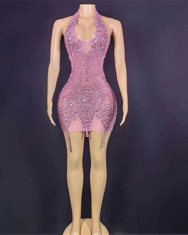Glamorous Pink Sheer Mini Dress with Rhinestone Accents - Ideal for Stunning Events